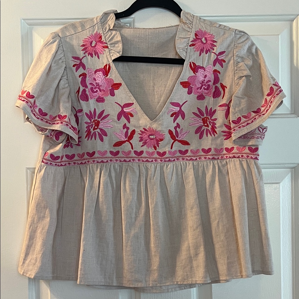Embroidered Floral Beige Top